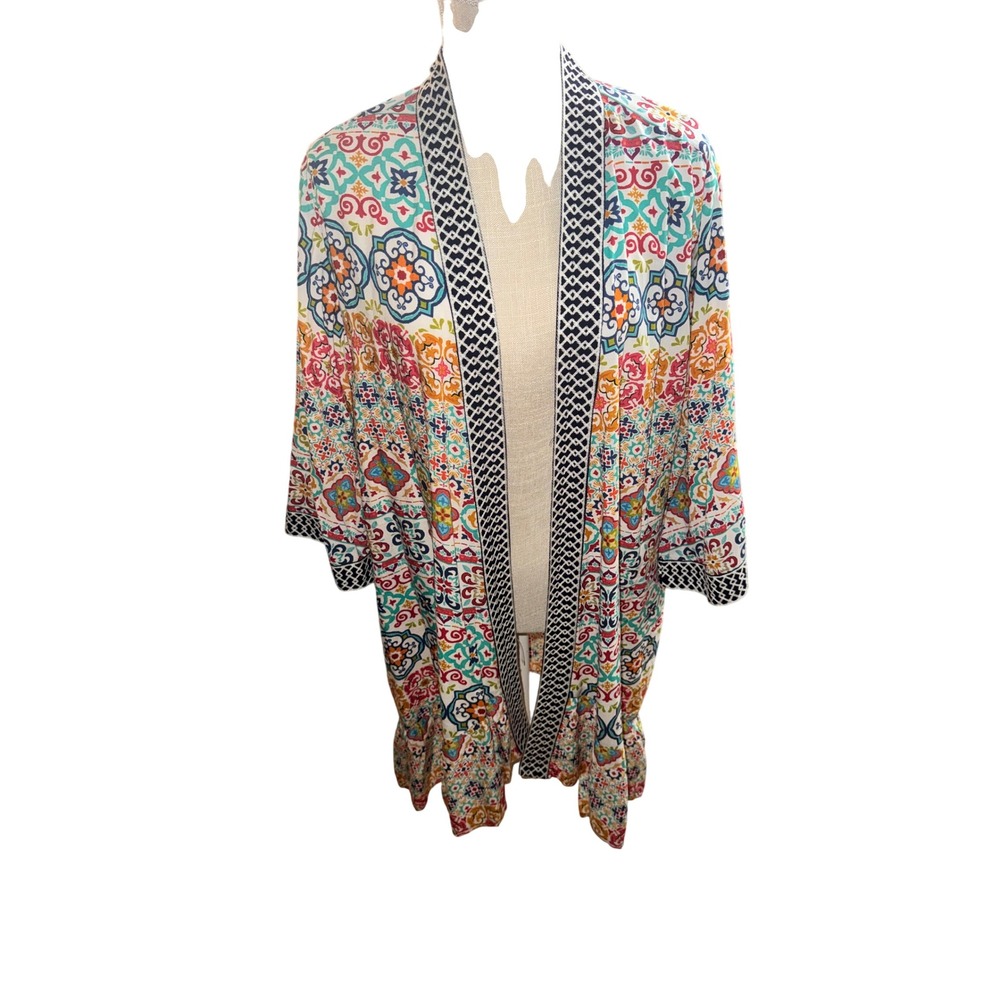 Soft Surroundings Multicolor Tile Print Modal Kimono Cardigan Ruffle Hem S/M